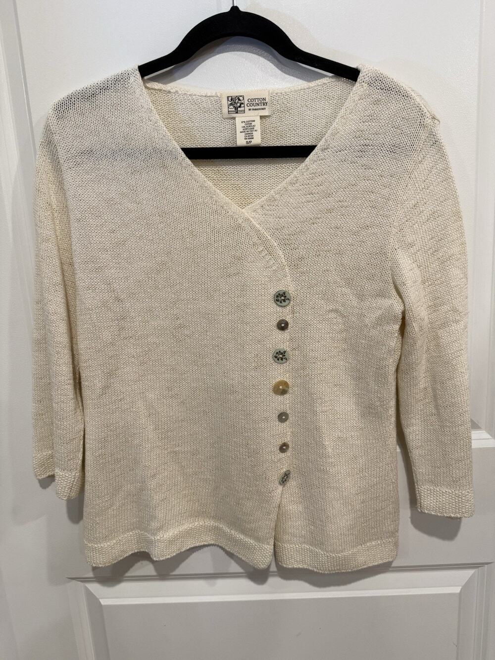 Cotton Country By Parkhurst Cream Artsy Pullover Sweater Button Accents Sz Small